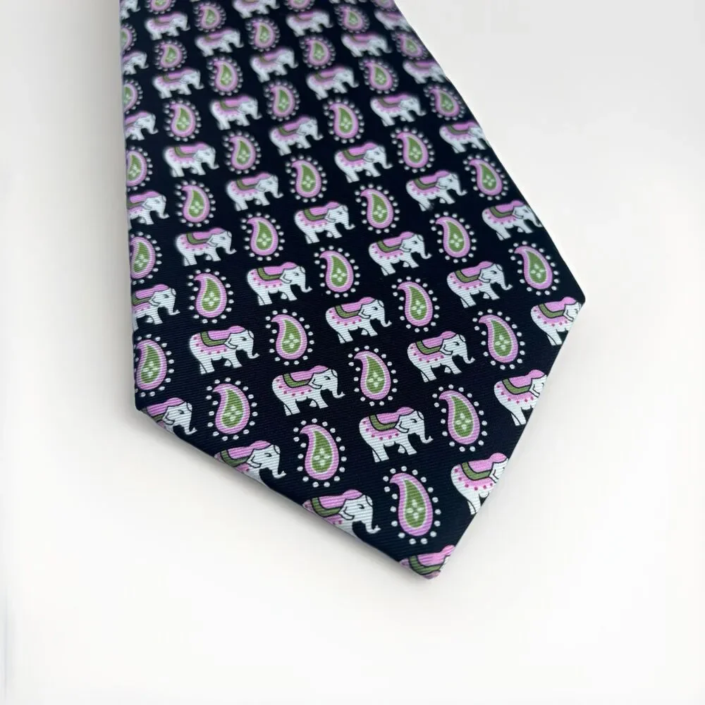Vera Bradley for Baekgaard 100% Silk Necktie Elephant Paisley Black Pink Green